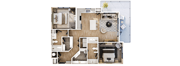 A top-down view of a house layout with a living room, kitchen, and bedrooms.