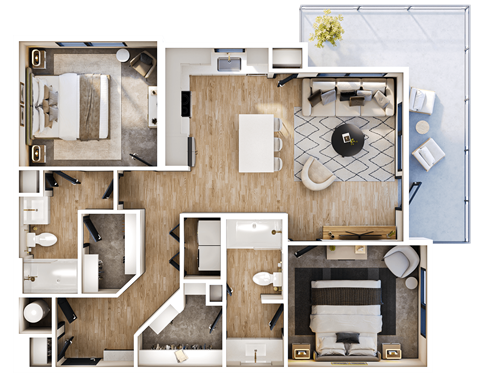 A top-down view of a house layout with a living room, kitchen, and bedrooms.
