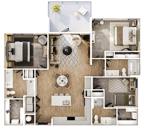 A detailed floor plan of a house showing the layout of the rooms and furniture.