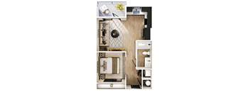 A top-down view of a small, neatly organized apartment with a bedroom, bathroom, and kitchen area.
