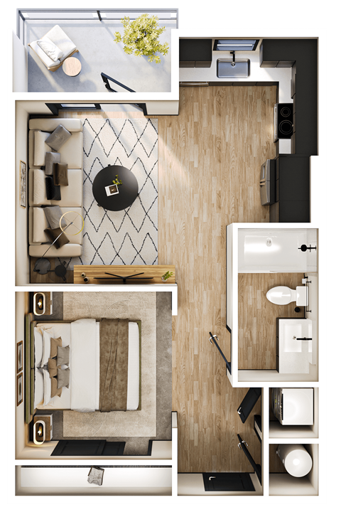 A top-down view of a small, neatly organized apartment with a bedroom, bathroom, and kitchen area.