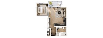 A top-down view of a room with a bed, a desk, and a chair.