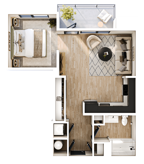 A top-down view of a room with a bed, a desk, and a chair.