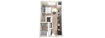 A 3D floor plan of a small apartment with a bedroom, living room, and kitchen.