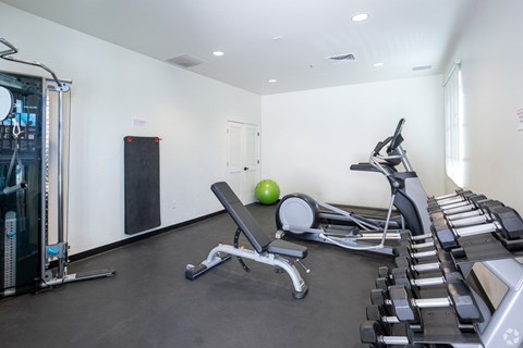Fitness center with cardio equipment and free weights at Monier Apartments, Tucson
