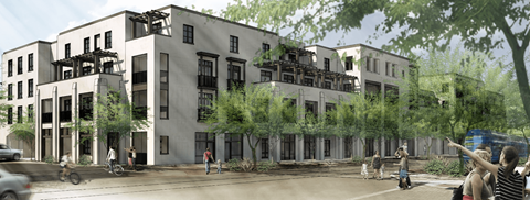Architectural rendering of building exterior with landscaping at Monier Apartments, Tucson, 85745