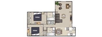 A floor plan of a house with two bedrooms, a living room, a dining room, a kitchen, a bathroom, and a sunroom.