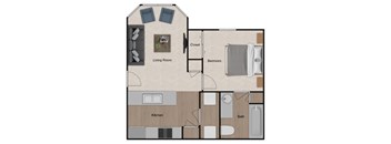 A floor plan of a small apartment with a living room, kitchen, bathroom and bedroom.