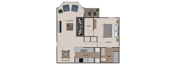 A floor plan of a house with a living room, dining room, kitchen, bathroom and bedroom.