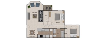 A floor plan of a house with a living room, two bedrooms, a kitchen, a bathroom, a dining room, and a closet.