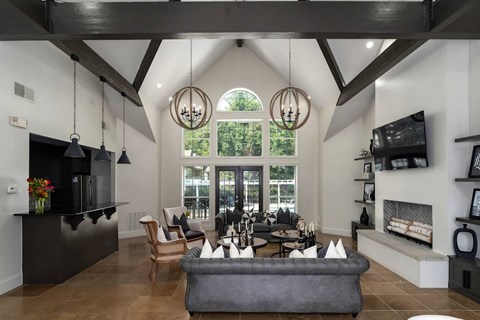 A modern living room with a grey sofa and a black kitchen area.