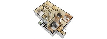 A 3D floor plan of a house with multiple rooms.