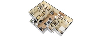 A 3D floor plan of a house with a kitchen, living room, and bedrooms.