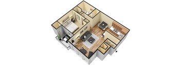 A 3D floor plan of a small apartment with a living room, kitchen, and bedroom.