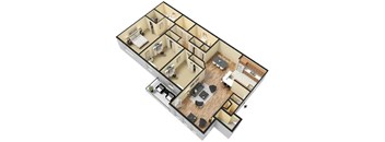 A 3D floor plan of a house with multiple rooms.
