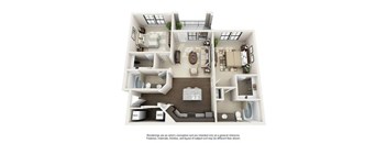 A 3D floor plan of a house with labeled rooms.