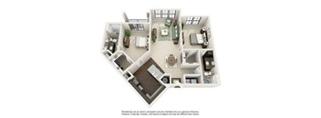 A 3D floor plan of a house with a kitchen, living room, dining room, and bedrooms.
