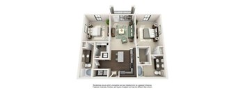 A 3D floor plan of a house with a kitchen, living room, and two bedrooms.