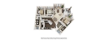 A drawing of a house with a kitchen, living room, and bedrooms.