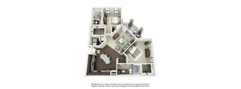 A drawing of a house with a kitchen, living room, and dining room.