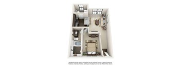 A drawing of a house with a kitchen, living room, and two bedrooms.