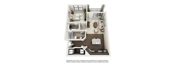 A floor plan of a small apartment with a kitchen, living room, and bathroom.