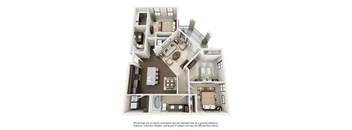 A 3D floor plan of a house with a kitchen, living room, and bedrooms.