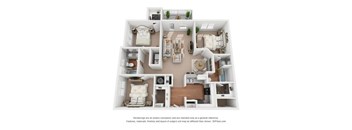 A 3D floor plan of a house with a living room, kitchen, and two bedrooms.