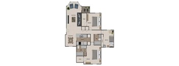 A floor plan of a house with a living room, dining room, kitchen, and two bedrooms.