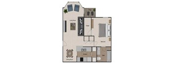 A floor plan of a house with a living room, bedroom, kitchen, and dining room.