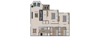 A floor plan of a house with a living room, two bedrooms, a kitchen, a bathroom, and a dining room.