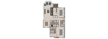 A floor plan of a house with a living room, dining room, kitchen, and two bedrooms.