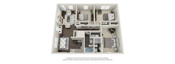 A 3D floor plan of a house with a kitchen, living room, and bathroom.