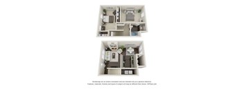 Two images of a dollhouse living room and kitchen.
