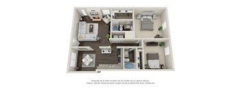 A 3D floor plan of a small apartment with a kitchen, living room, bedroom, and bathroom.