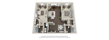 A 3D floor plan of a house with a kitchen, living room, dining room, and two bedrooms.