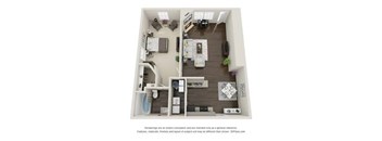 A 3D floor plan of a small apartment with a kitchen, living room, and bathroom.