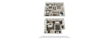 A 3D floor plan of a house with two bedrooms, a living room, a kitchen, and a bathroom.