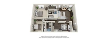 A 3D floor plan of a house with a kitchen, living room, and two bedrooms.