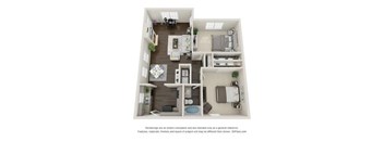 A floor plan of a small apartment with a kitchen, living room, and bedroom.