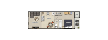 A floor plan of a small apartment with a living room, kitchen, dining area, bedroom, and bathroom.