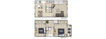 A floor plan of a two-story apartment with two bedrooms, a living room, a dining room, a kitchen, a bathroom, a utility room, and a balcony.
