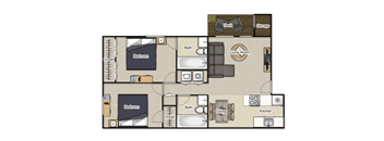 A floor plan of a house with two bedrooms, a living room, a dining room, a kitchen, a bathroom, and a deck.