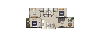 A floor plan of an apartment with two bedrooms, a living room, a kitchen, a bathroom, and a dining area.