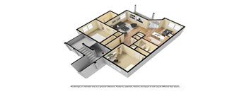 A 3D rendered image of a house layout.