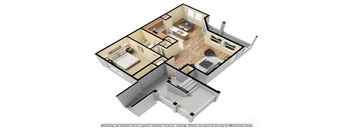 A 3D floor plan of a house with a kitchen, living room, dining room, and bedrooms.