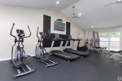 A spacious home gym with a television, treadmills, and exercise bikes.