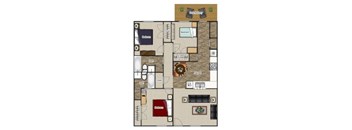 A floor plan of an apartment with two bedrooms, two bathrooms, a kitchen, and a living room.