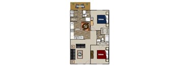 A floor plan of a house with a kitchen, living room, dining room, and two bedrooms.