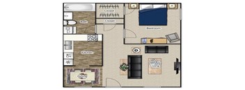 A floor plan of a house with a bedroom, kitchen, and dining area.